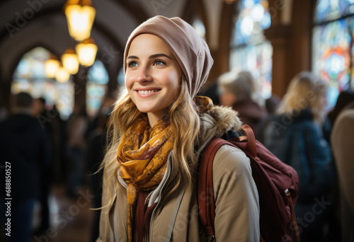 Blond young woman smiling at the train station