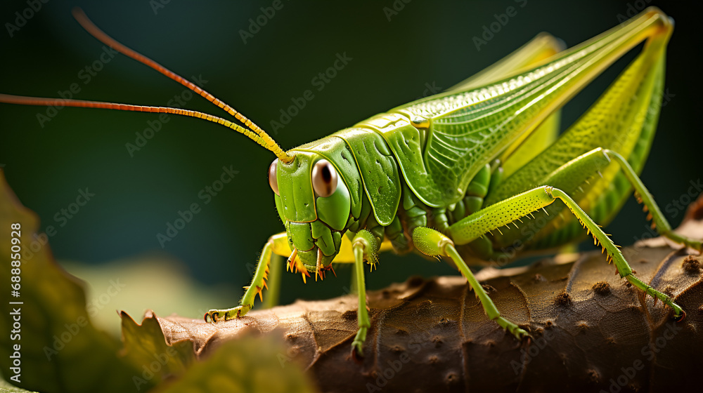 A Green Grasshopper Perched on a Branch, Showcasing Its Large Eyes and Detailed Wings A Green Grasshopper Perched on a Branch, Showcasing Its Large Eyes and Detailed Wings