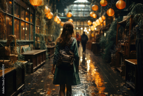 Back view of teenage girl walking through the street © Larisa AI
