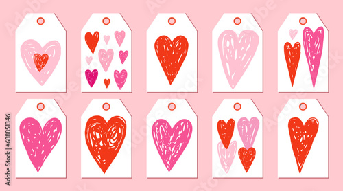 Vector set of cute hand drawn Valentine's Day gift tags, romantic cards with pink and red doodle hearts for wedding and Mother's Day designs.