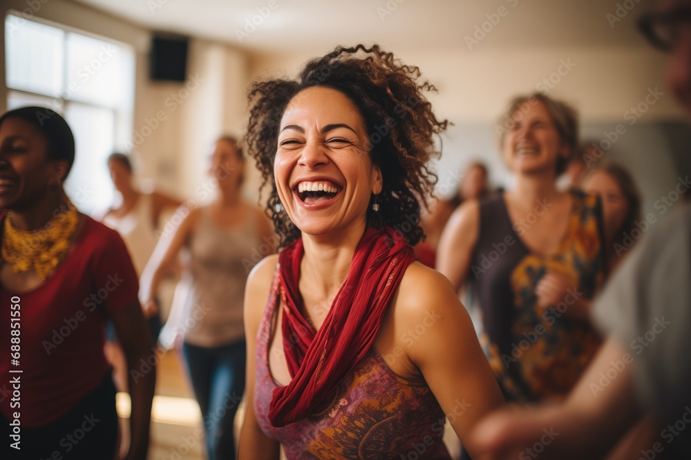 Obraz premium Portrait of a senior woman dancing with her friends in a dance gym.