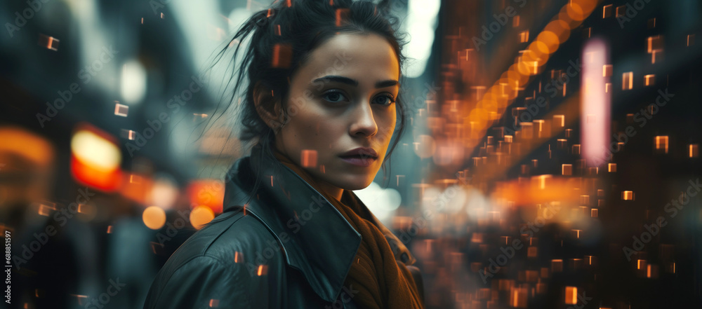 Young woman, beauty with an intense look, on futuristic neon background with fast lighting effects, city street at night, expressive portrait with dramatic lighting