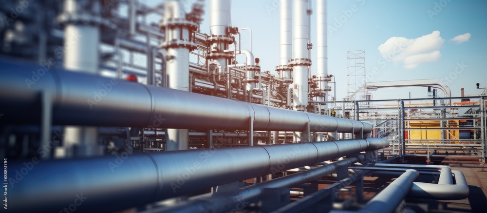 Detailed view of oil refinery equipment in an industrial zone, including pipelines and valves. Detailed view of oil refinery equipment in an industrial zone, including pipelines and valves.