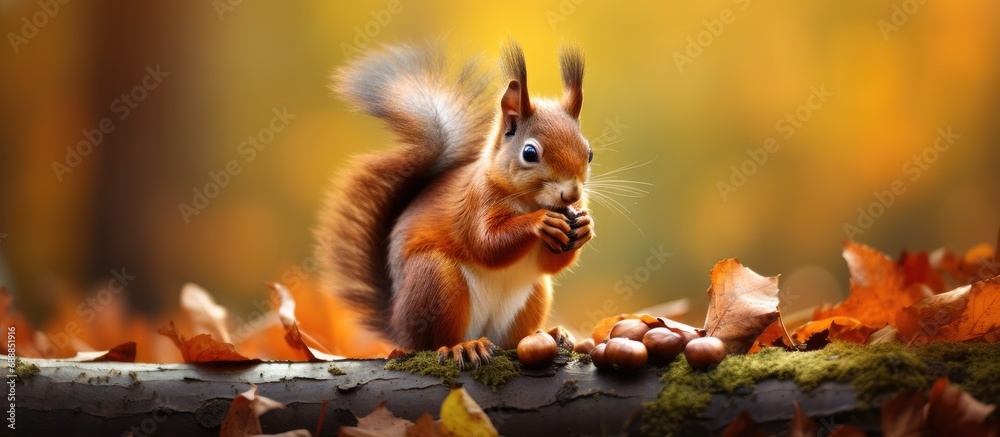 Fototapeta premium Autumn forest squirrel nibbles hazelnut.