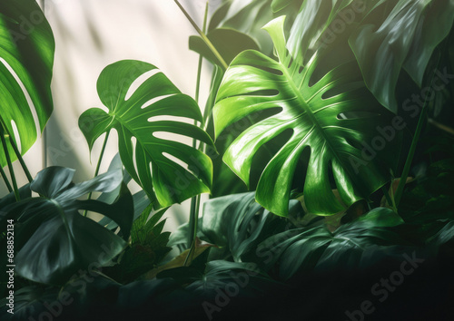 Indoor courtyard tropical garden  plants isolated on a white background wall with drop shadows
