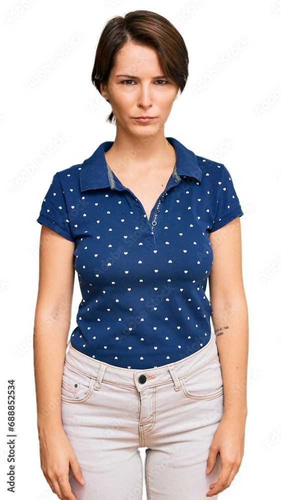 Young brunette woman with short hair wearing casual clothes skeptic and nervous, frowning upset because of problem. negative person. Young brunette woman with short hair wearing casual clothes skeptic and nervous, frowning upset because of problem. negative person.