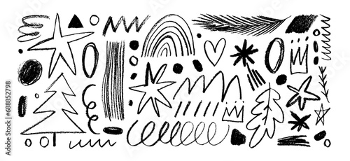 Hand drawn charcoal doodle shapes in childish style. Pencil drawn elements for holidays and Christmas.