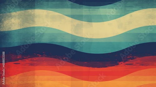 Retro background with colorful curvy waves and vintage grunge texture, cold with warm color tone 