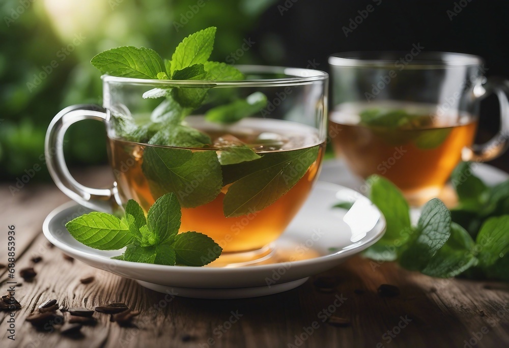 Mint tea with fresh leaves close up Mint tea with fresh leaves close up