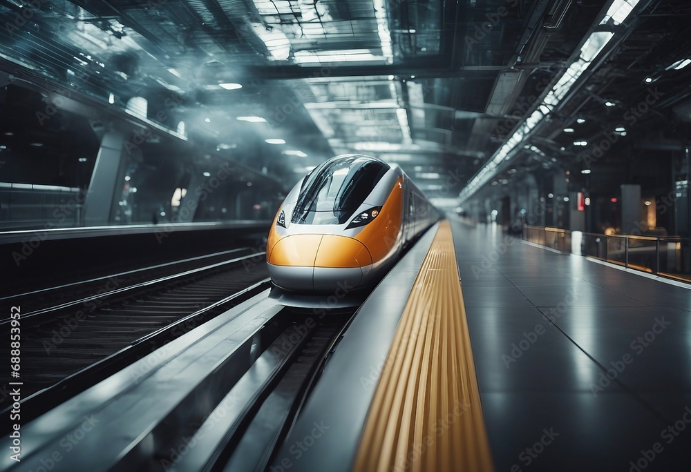 Modern high speed train traveling to the technological and innovative future Digital hologram Modern high speed train traveling to the technological and innovative future Digital hologram