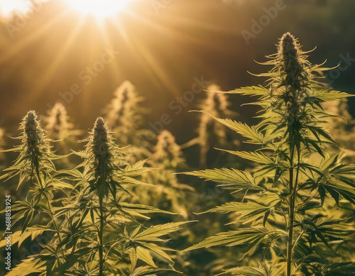 Wild hemp field at dawn in backlight. Marijuana valley background.