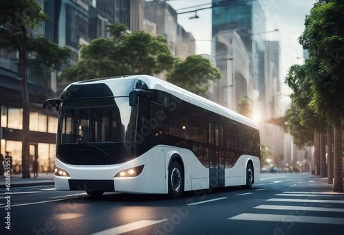 Modern electric bus driving in a smart city Futuristic transportation ecology concept photo