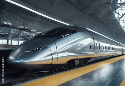 Modern high speed train traveling to the technological and innovative future Digital hologram