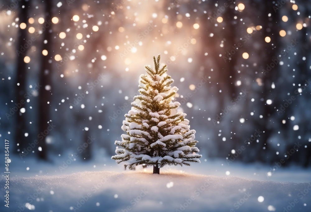 Winter christmas background with small snow tree and snowflakes