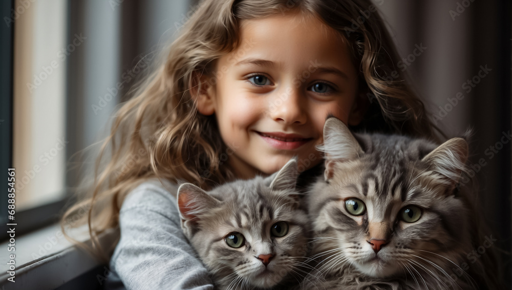 Portrait of a beautiful little girl with a cat at home