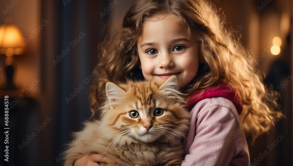 Portrait of a beautiful little girl with a cat at home Portrait of a beautiful little girl with a cat at home