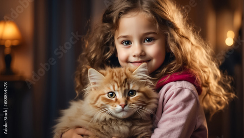 Portrait of a beautiful little girl with a cat at home