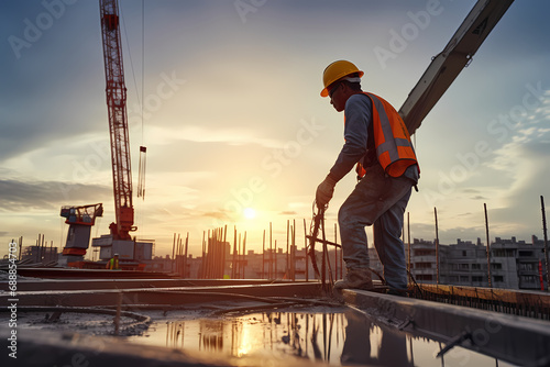 Construction worker control a pouring concrete pump on construction site photo
