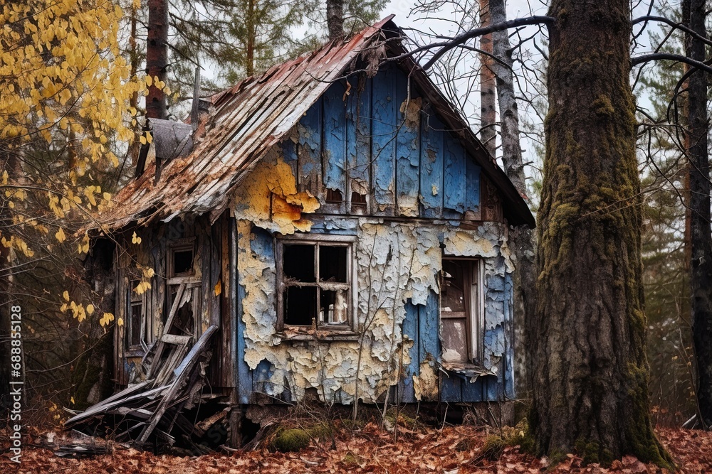 Abandoned wooden house among the trees with peeling paint. Colors blue brown yellow and faded red. Abandoned wooden house among the trees with peeling paint. Colors blue brown yellow and faded red.