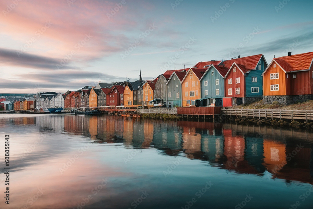 Colorful houses over water in Trondheim city - Norway