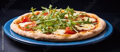 Pizza with tomato, mozzarella, and arugula on blue plate.