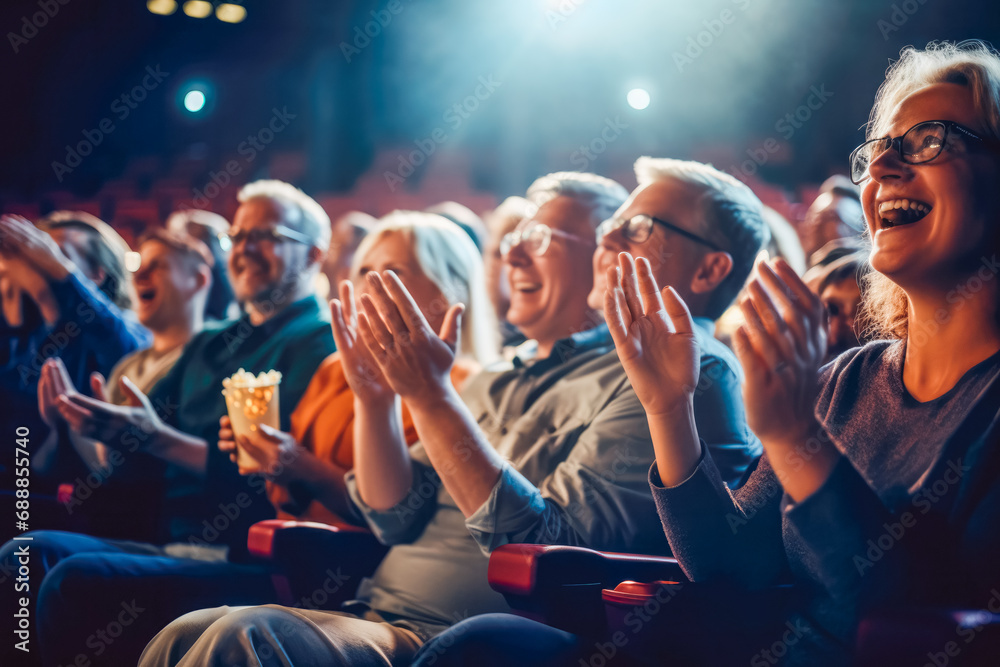 Audience in theater applauding, clapping hands, cheering, sitting together, and having fun in backlight. Visitors in theater, cinema, show. Happy. - obrazy, fototapety, plakaty 
