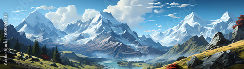  Image of mountainous landscape  countryside  mountain range  illustration of mountains and snow.      