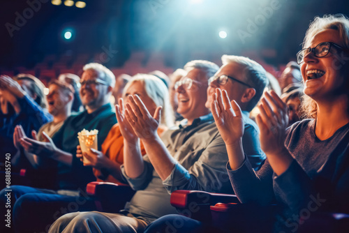 Audience in theater applauding, clapping hands, cheering, sitting together, and having fun in backlight. Visitors in theater, cinema, show. Happy.