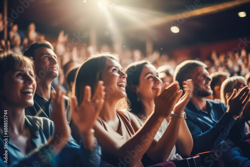 Audience in theater applauding, clapping hands, cheering, sitting together, and having fun in backlight. Visitors in theater, cinema, show. Happy. photo