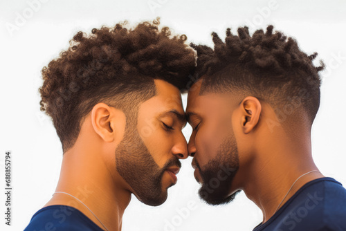 Afro-American gay couple in love, kissing, affection. Intimate moment. Romantic, love, same gender. Closely together. White background.