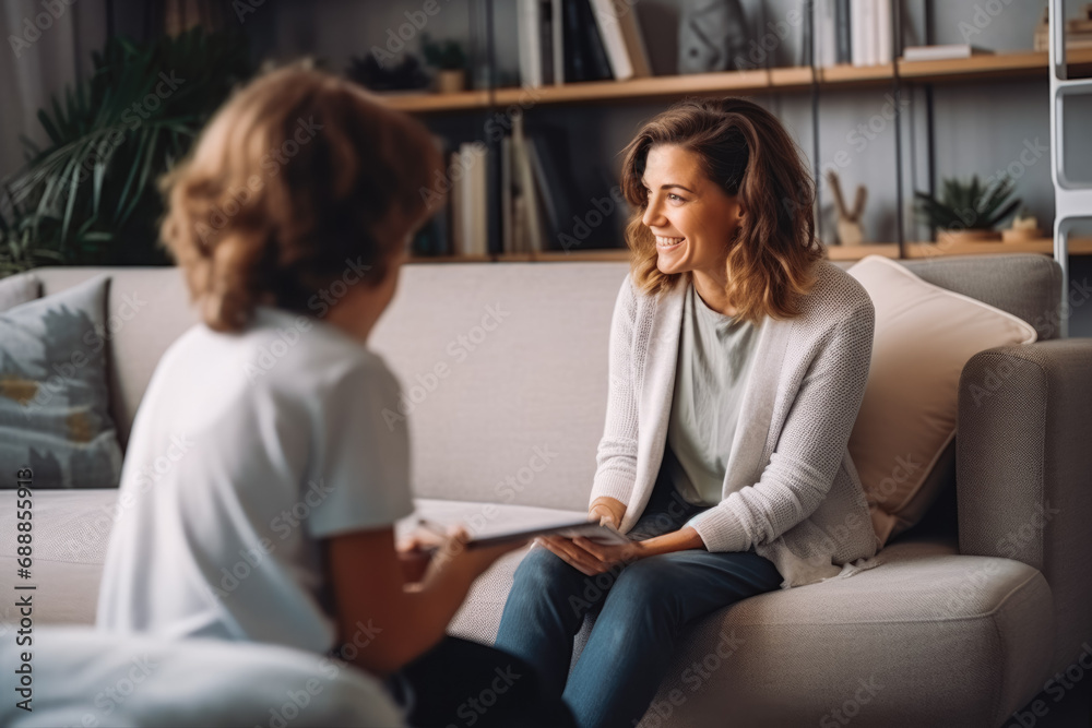 Young kid sitting and talking to psychologist. Female psychologist working with child in a bright office. Psychologist on psychotherapy session. Young kid sitting and talking to psychologist. Female psychologist working with child in a bright office. Psychologist on psychotherapy session.