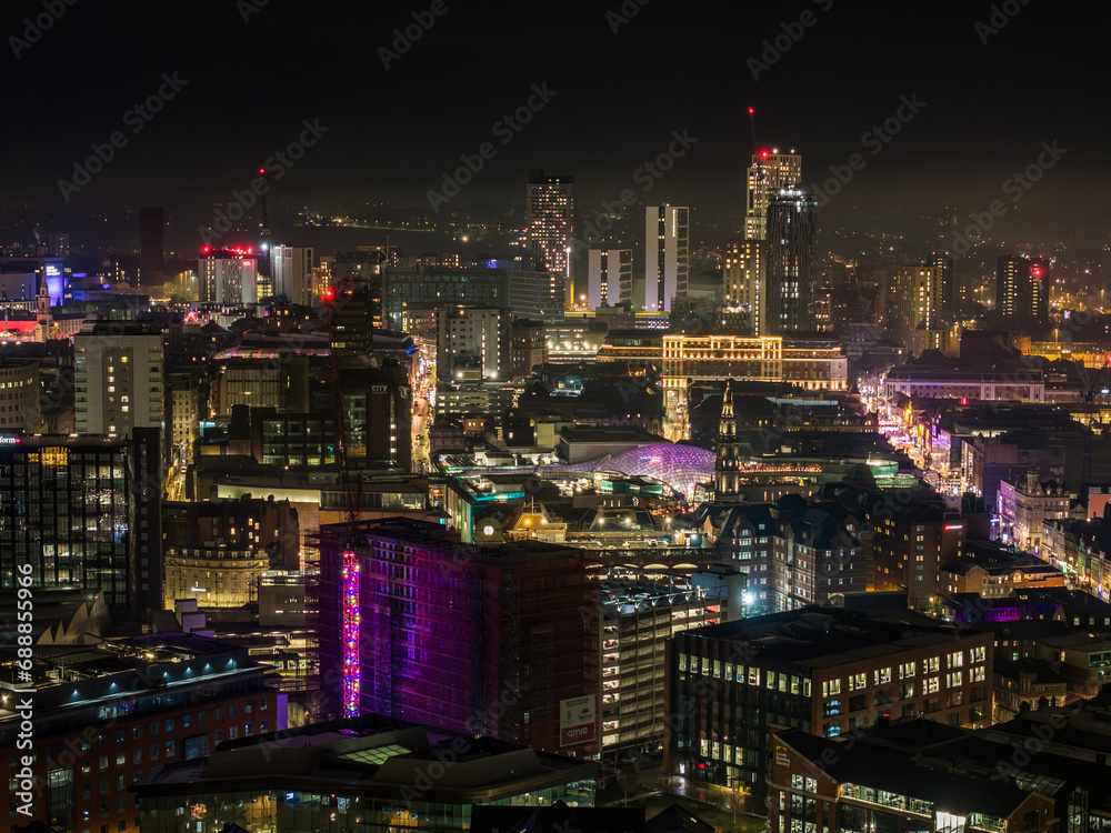 Fototapeta premium Aerial Night Shot of the Centre of Leeds, West Yorkshire, UK