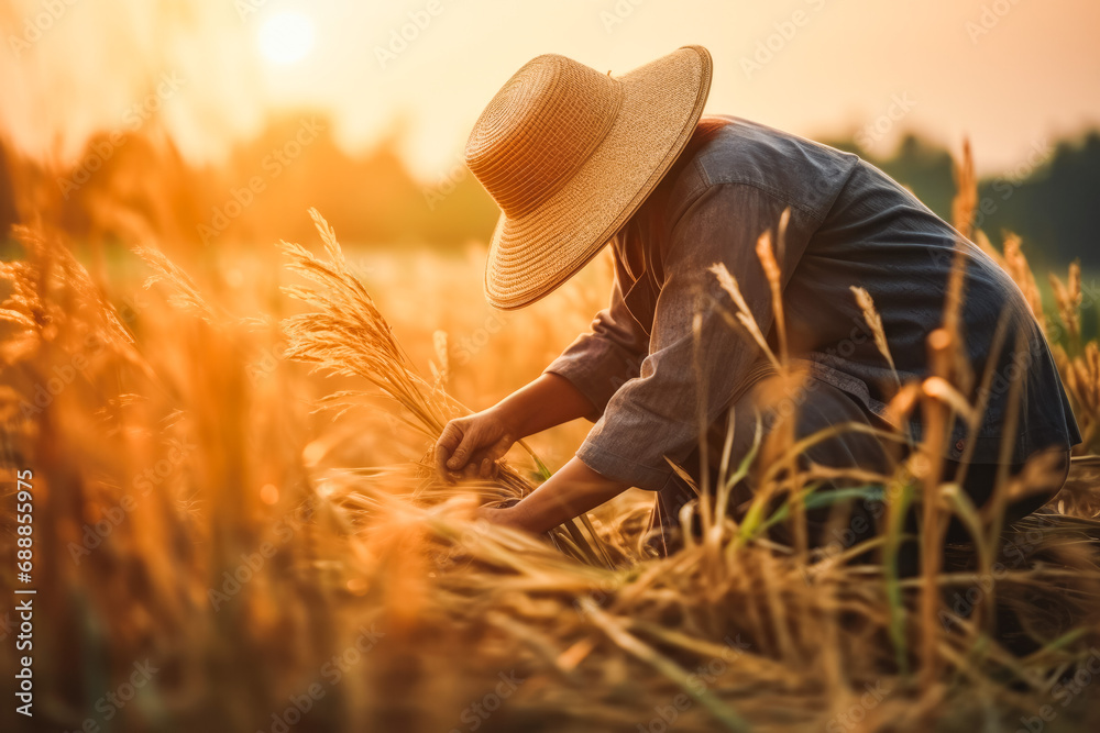 Asian farmer workers working at rice farm fields and harvesting rice. Vintage clothing with straw hats. Beautiful sunrise in morning. Asian farmer workers working at rice farm fields and harvesting rice. Vintage clothing with straw hats. Beautiful sunrise in morning.