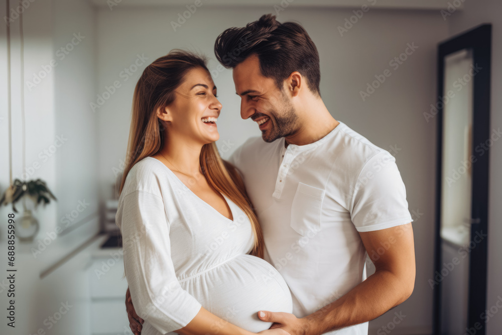 Man and woman smiling and being happy because they found out they will get a baby at doctors office at examination. Pregnancy, hugging. Man and woman smiling and being happy because they found out they will get a baby at doctors office at examination. Pregnancy, hugging.
