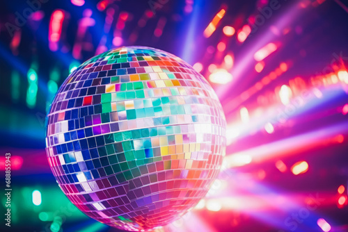 Disco ball sphere with colorful disco lights at a party. abstract wallpaper background. Party sphere. Celebration. Disco party.