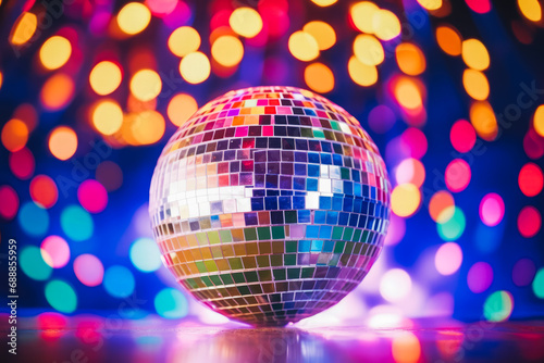 Disco ball sphere with colorful disco lights at a party. abstract wallpaper background. Party sphere. Celebration. Disco party.