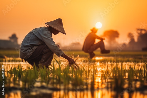 Asian farmer workers working at rice farm fields and harvesting rice. Vintage clothing with straw hats. Beautiful sunrise in morning. photo