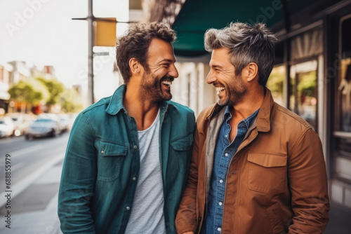 Homosexual men holding hands, smiling at each other. Romantic Kiss, two males gay feel tenderness, cherishing their profound emotional intimacy. photo