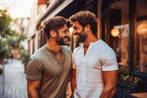 Homosexual men holding hands, smiling at each other. Romantic Kiss, two males gay feel tenderness, cherishing their profound emotional intimacy.