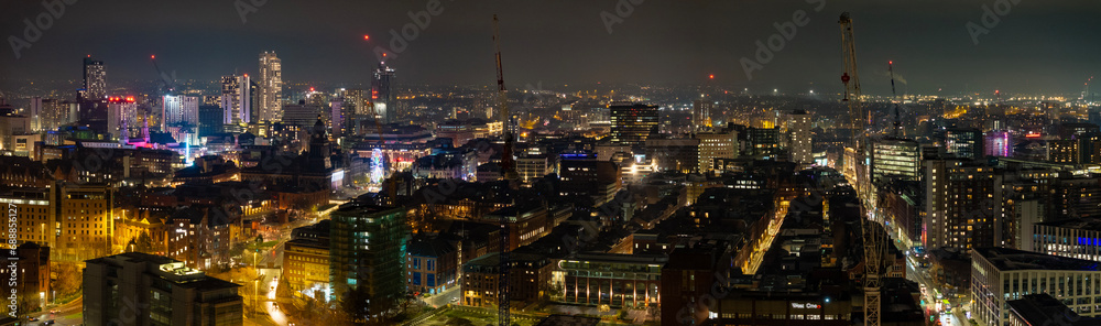 Aerial Night Shot of the Centre of Leeds, West Yorkshire, UK
