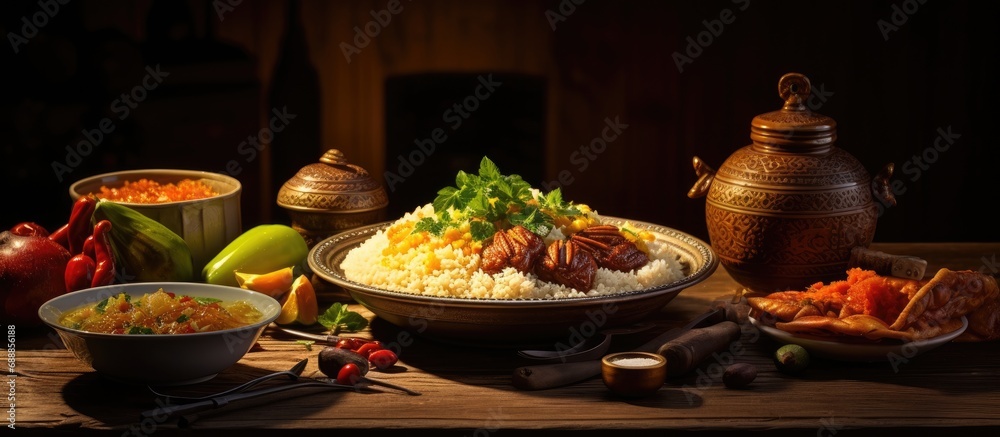 Middle Eastern national dish, Muslim family dinner during Ramadan, called Kabsa, hummus, maqluba, and tabbouleh, an Arabian cuisine favorite.