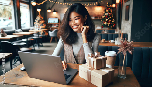Beautiful happy young woman sitting at a laptop in a cafe during the Christmas holidays. Online ordering and shopping for gifts during Christmas. Freelancer photo