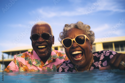 Portrait of happy senior couple having fun in swimming pool.