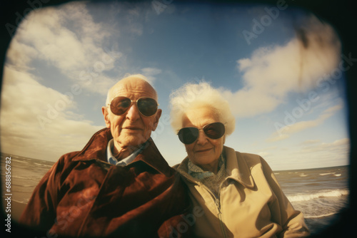 Portrait of senior couple in sunglasses taken on old camera. photo