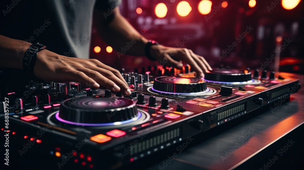 Close up of DJ hands adjusting controls on a mixing deck at a party. Generative AI. Close up of DJ hands adjusting controls on a mixing deck at a party. Generative AI.