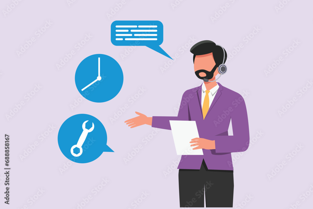 Man during work calls. Customer service and support concept. Colored flat vector illustration isolated. Man during work calls. Customer service and support concept. Colored flat vector illustration isolated.