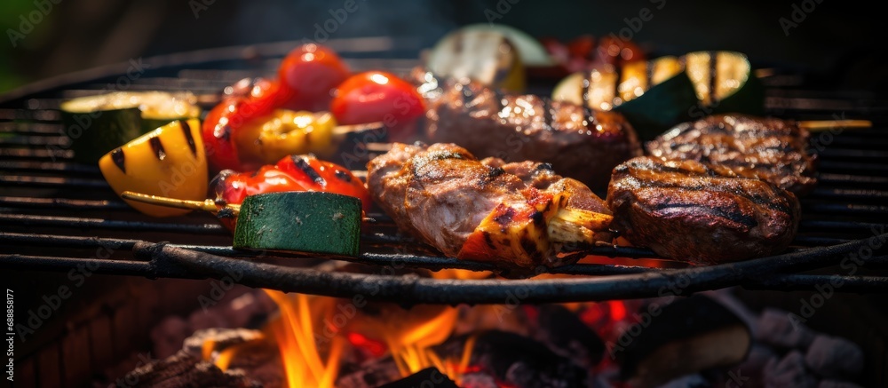 Grilled meat and vegetables on a barbecue