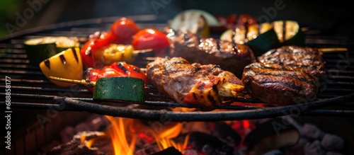 Grilled meat and vegetables on a barbecue