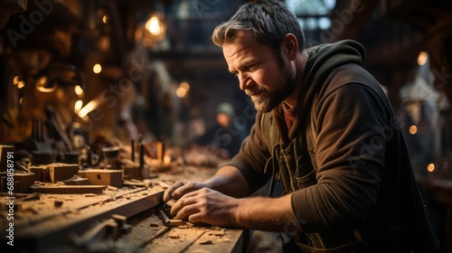 Carpenter in a Workshop Crafting Wood Products. Craftsman at Work