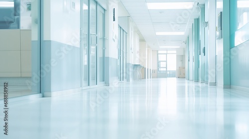 Empty Hospital Hallway with Blue and White Walls